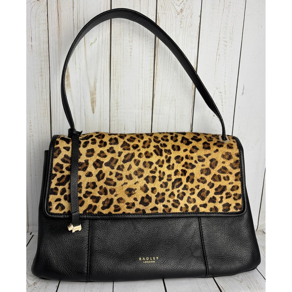 Radley London Black Leather Leopard Calf Hair Y2K Shoulder Bag Scottie Charm
